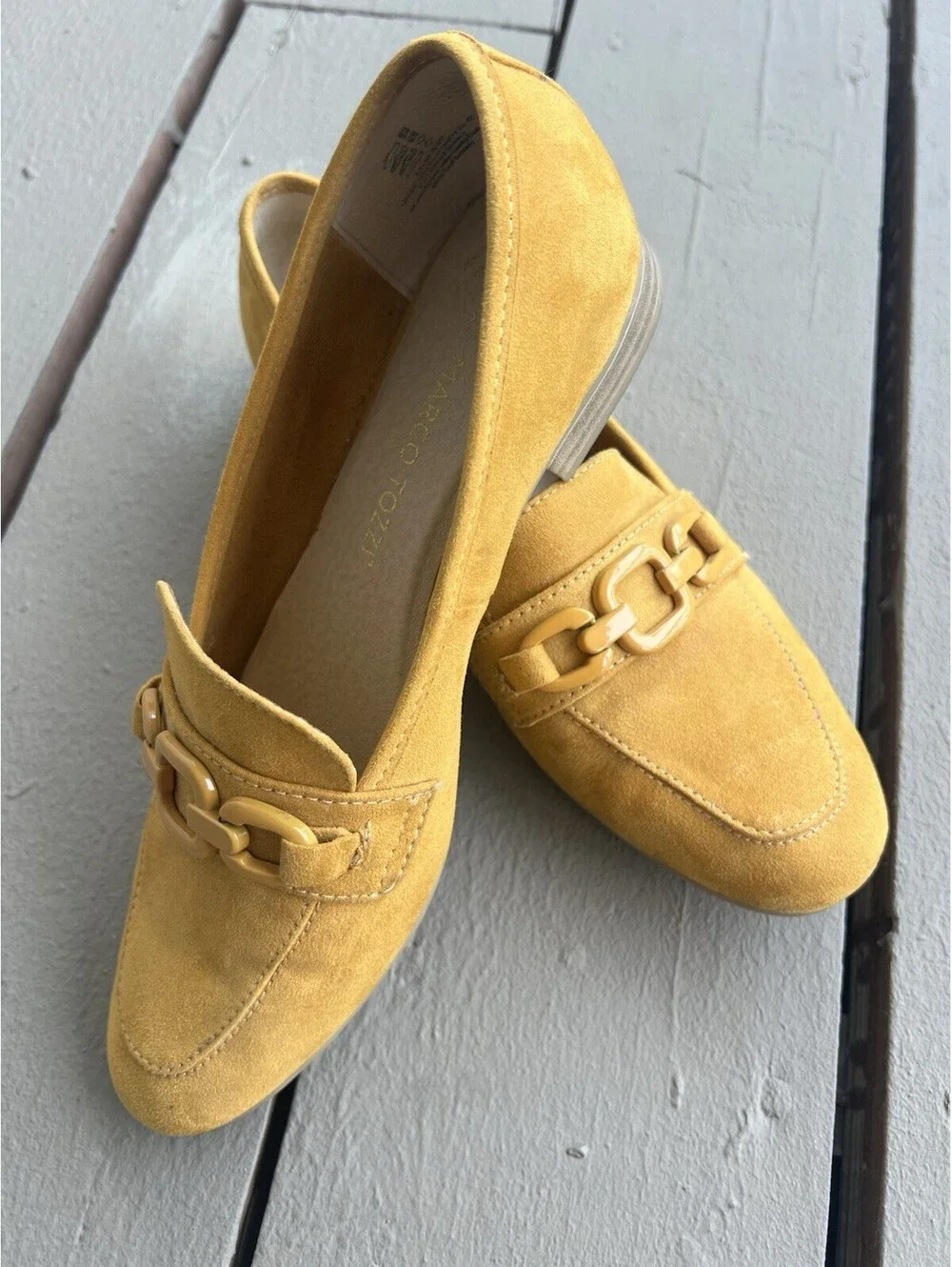 Marco Tozzi mustard yellow suede loafers chain buckle 38 Women’s 7.5